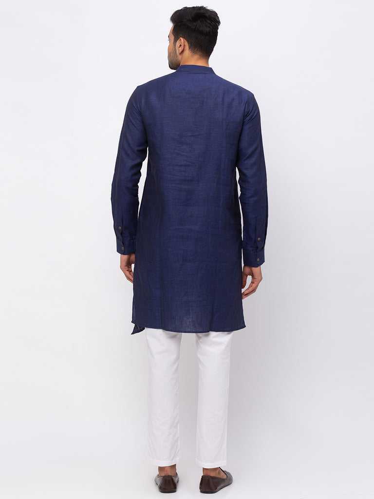 Men Asymmteric Full Sleeve Navy Kurta