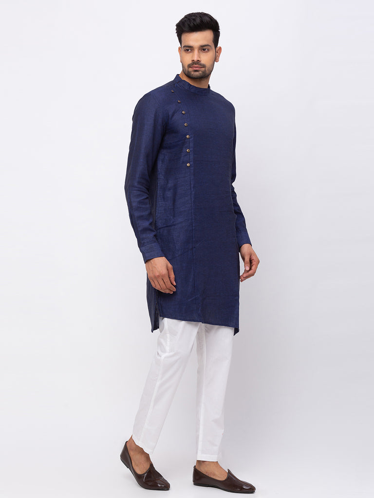 Men Asymmteric Full Sleeve Navy Kurta