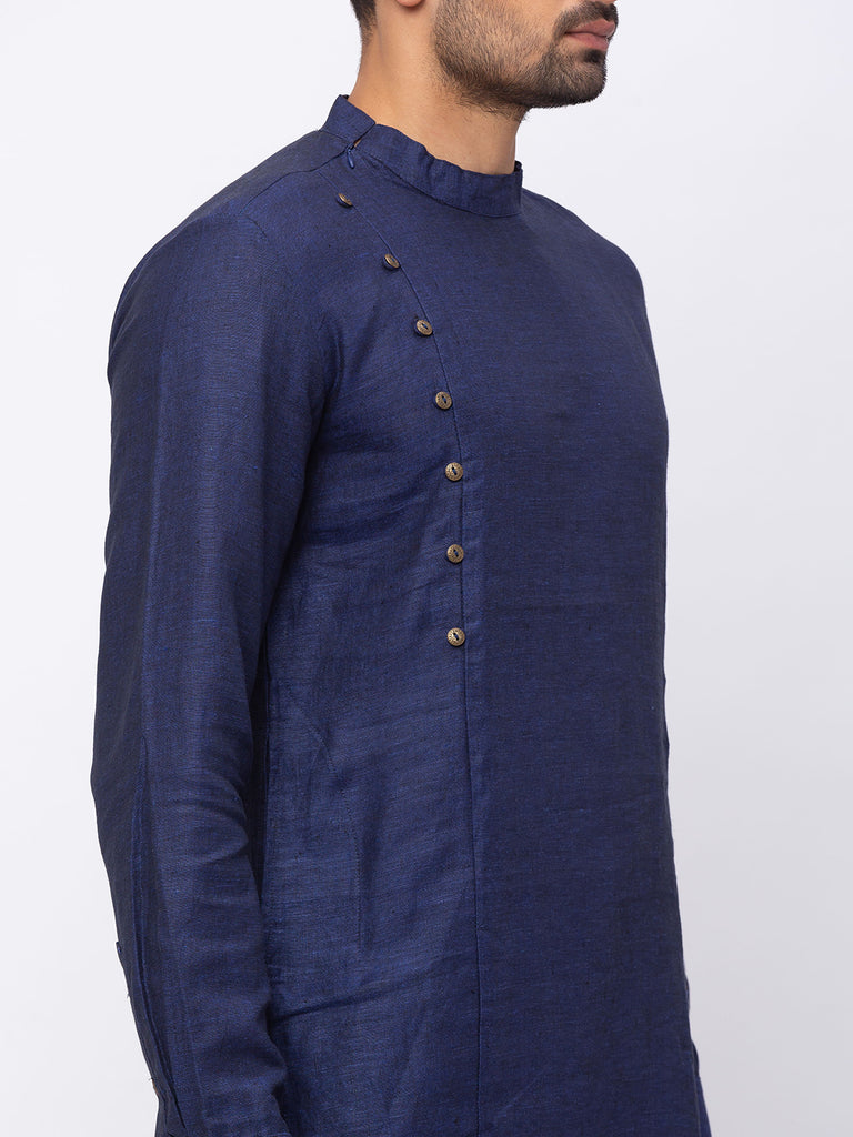 Men Asymmteric Full Sleeve Navy Kurta