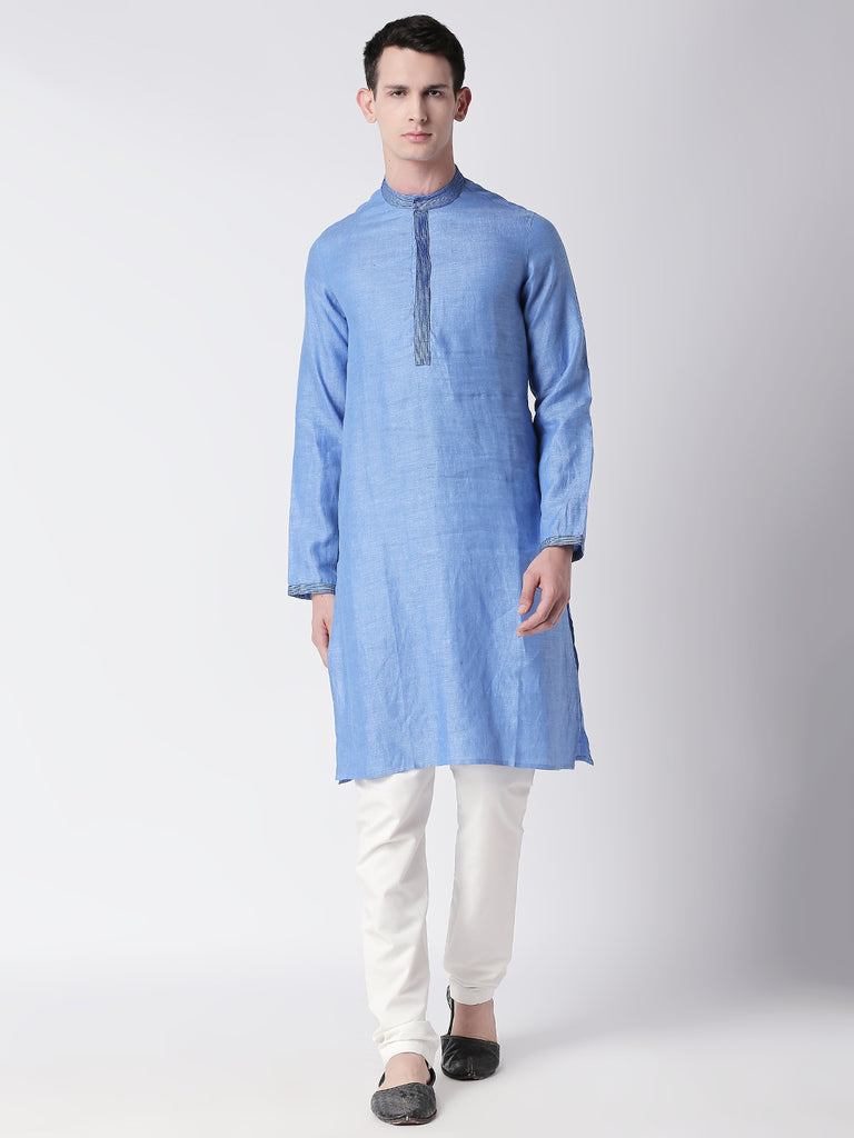 Men Straight Full Sleeve Blue Kurta