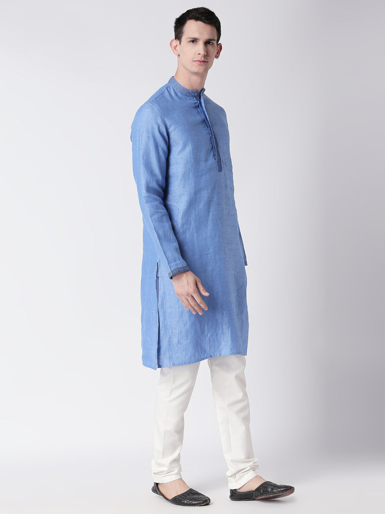 Men Straight Full Sleeve Blue Kurta