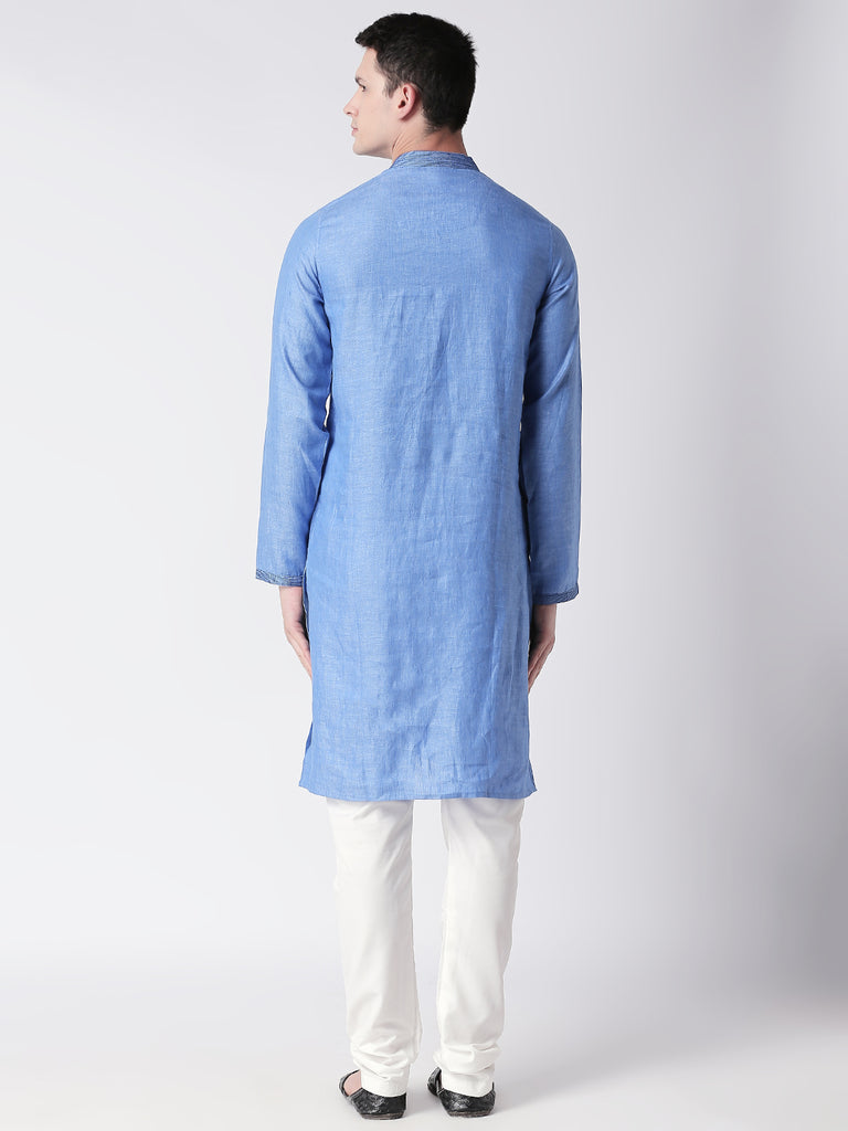 Men Straight Full Sleeve Blue Kurta