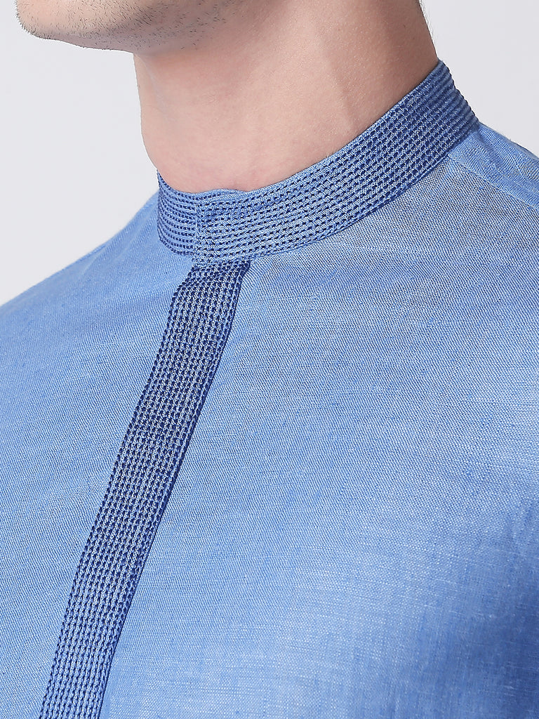 Men Straight Full Sleeve Blue Kurta