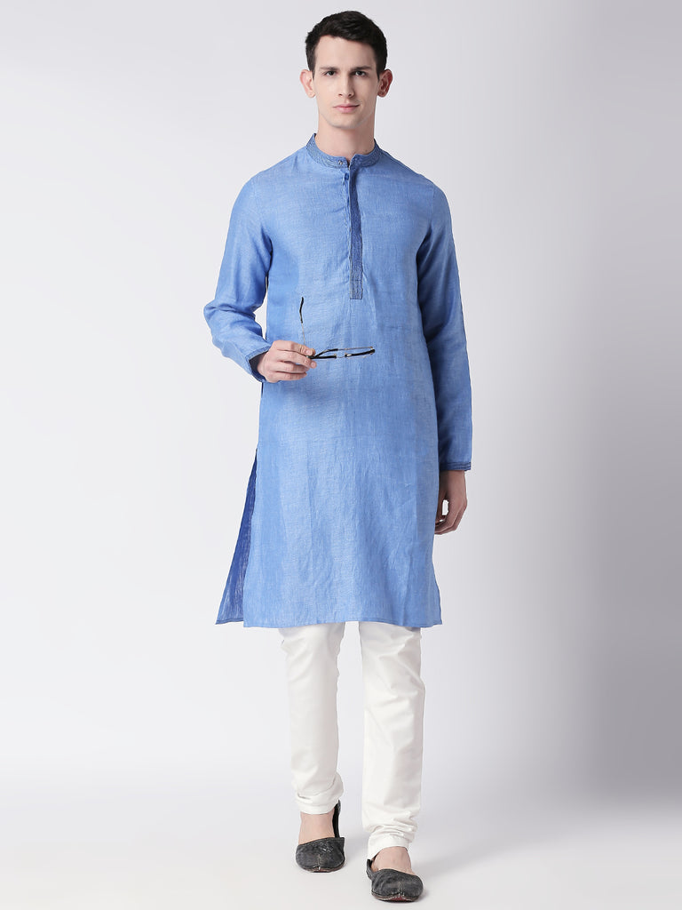 Men Straight Full Sleeve Blue Kurta