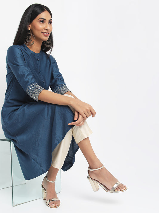 Women's Blue Gadhwaal Solid Kurta
