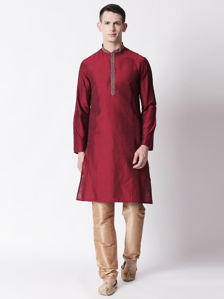 Men Straight Full Sleeve Maroon Kurta