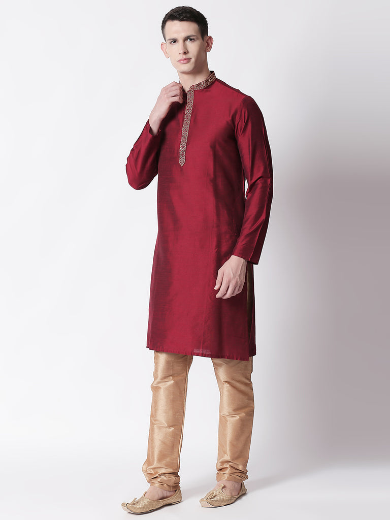 Men Straight Full Sleeve Maroon Kurta