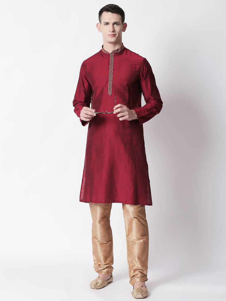 Men Straight Full Sleeve Maroon Kurta
