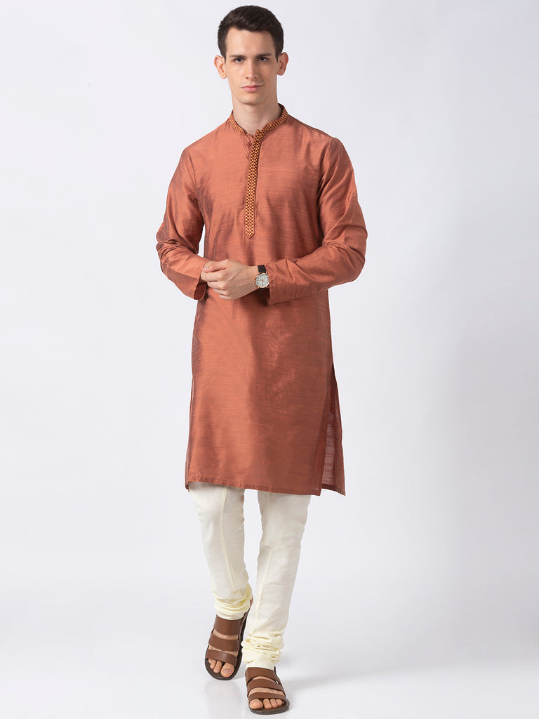 Men Straight Full Sleeve Rust Kurta
