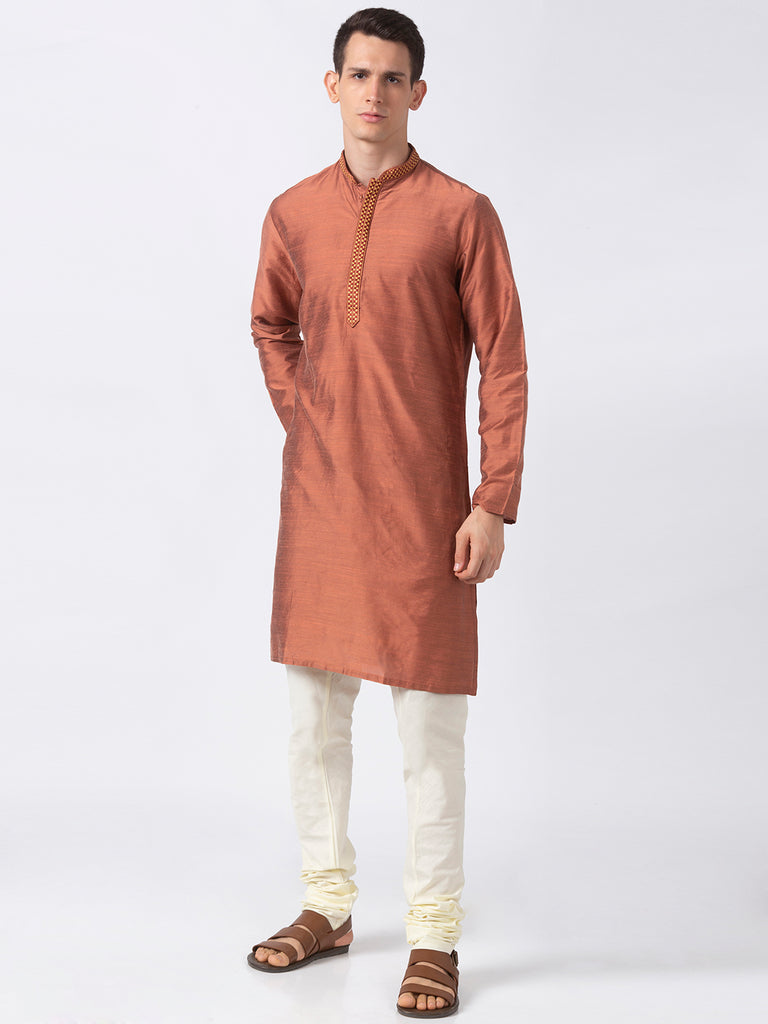 Men Straight Full Sleeve Rust Kurta