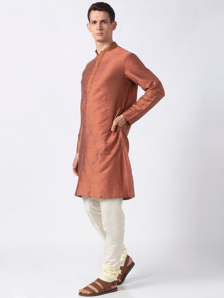Men Straight Full Sleeve Rust Kurta
