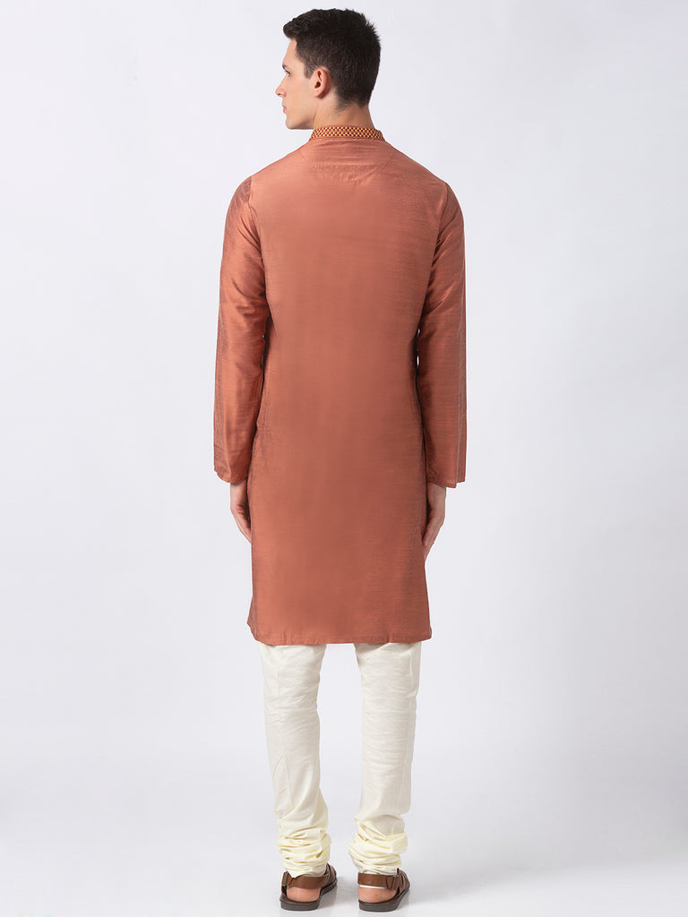 Men Straight Full Sleeve Rust Kurta