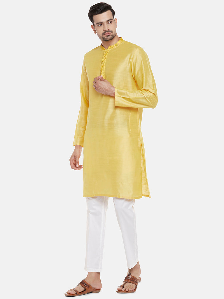 Art Silk Full Sleeve Straight Men Yellow Kurta