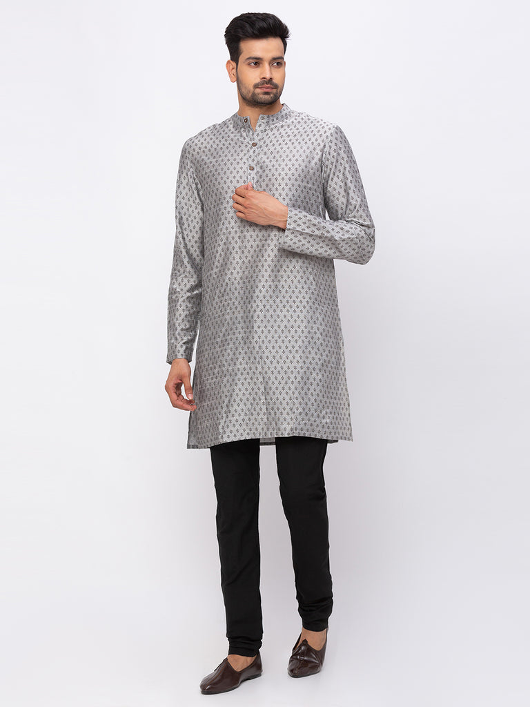 Men Straight Full Sleeve Grey Kurta