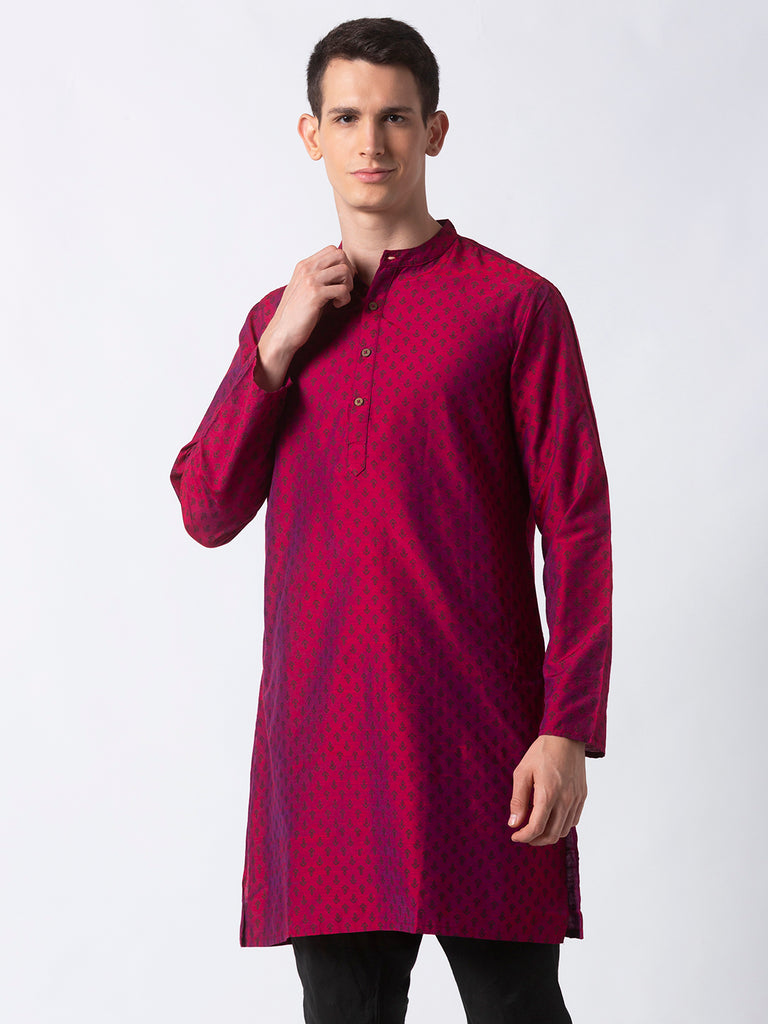 Men Straight Full Sleeve Magenta Kurta