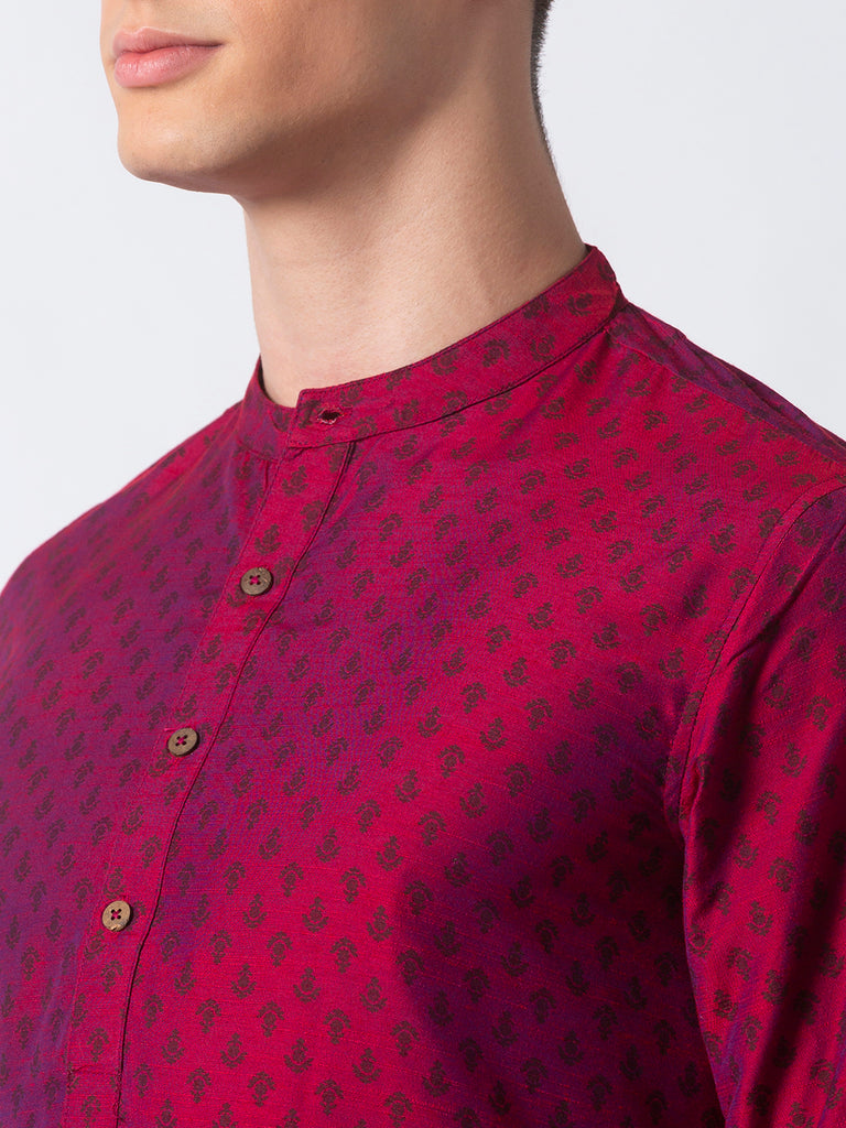 Men Straight Full Sleeve Magenta Kurta