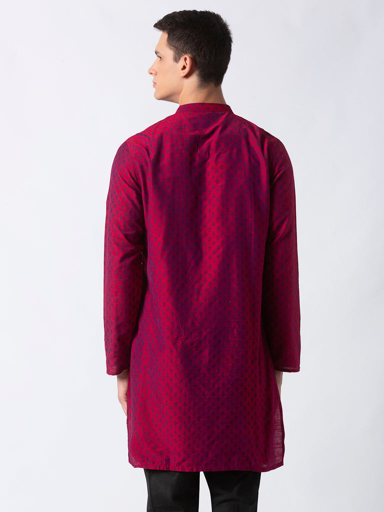 Men Straight Full Sleeve Magenta Kurta