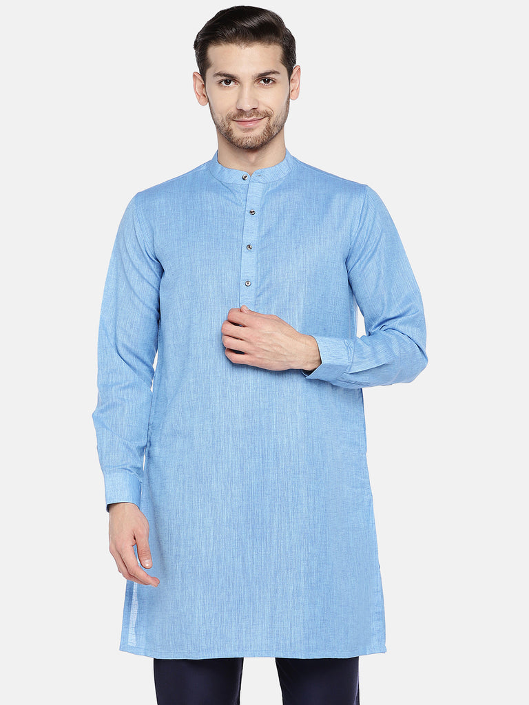 Men Straight Full Sleeve Blue Kurta