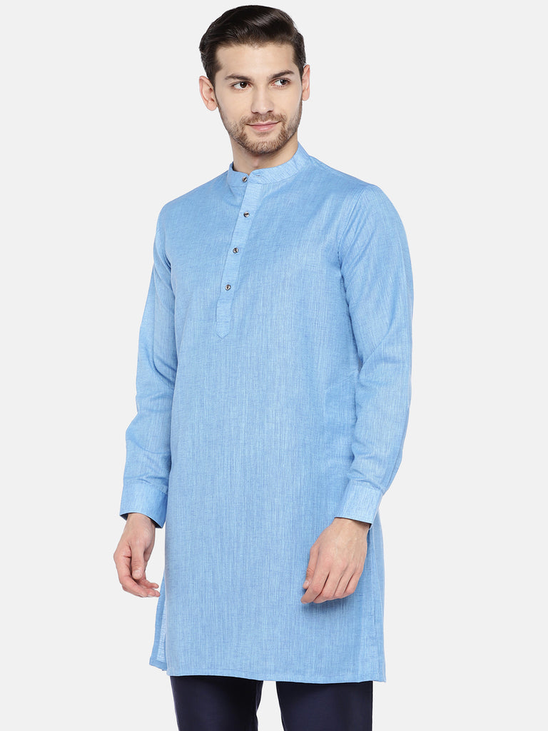 Men Straight Full Sleeve Blue Kurta