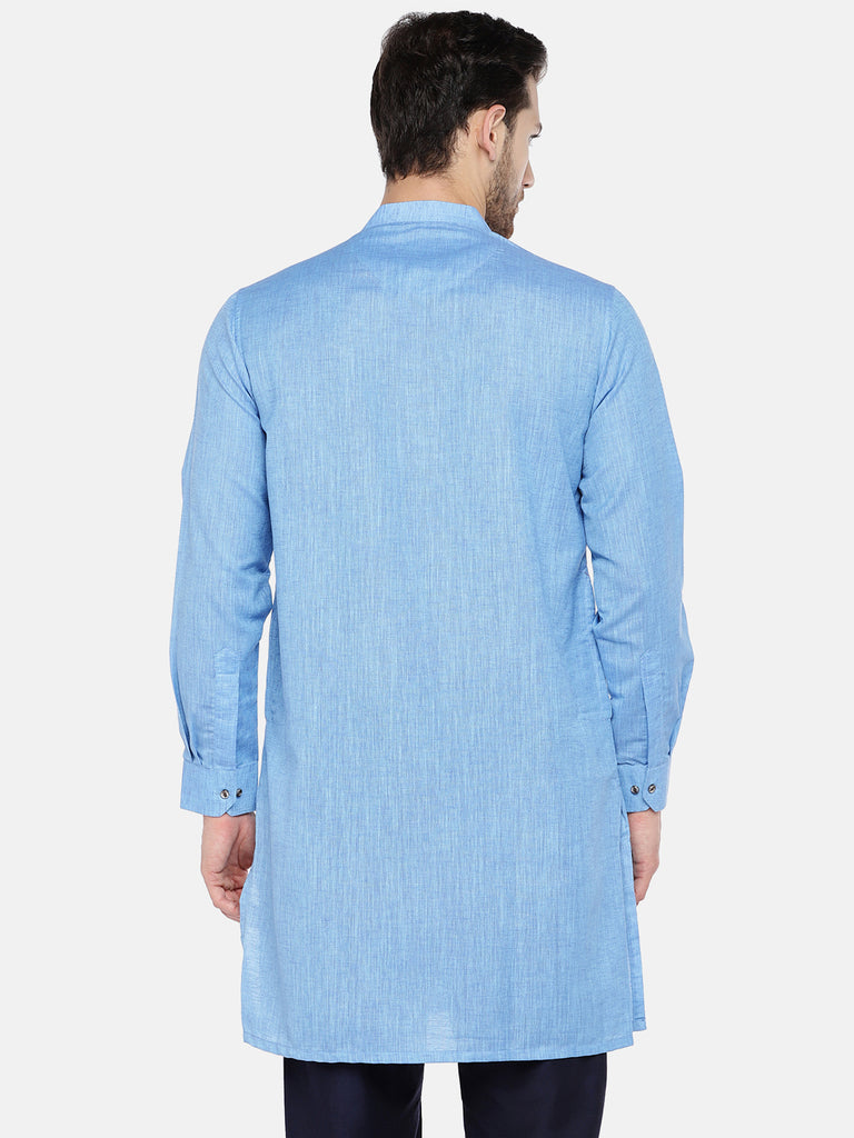 Men Straight Full Sleeve Blue Kurta