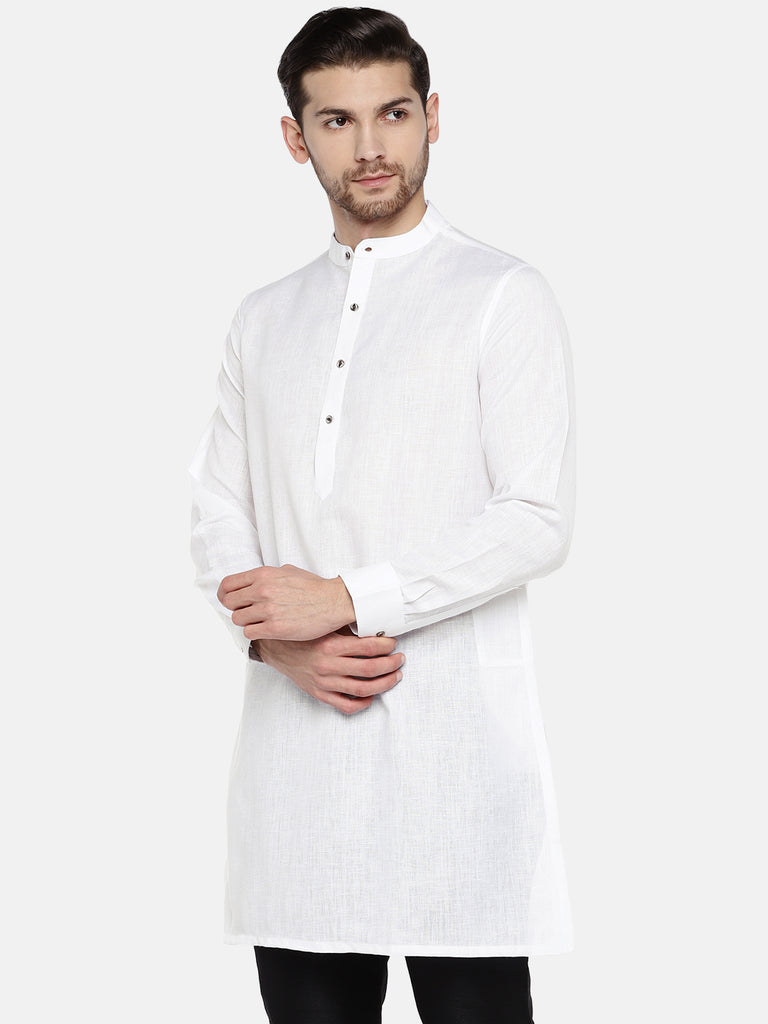 Men Straight Full Sleeve White Kurta