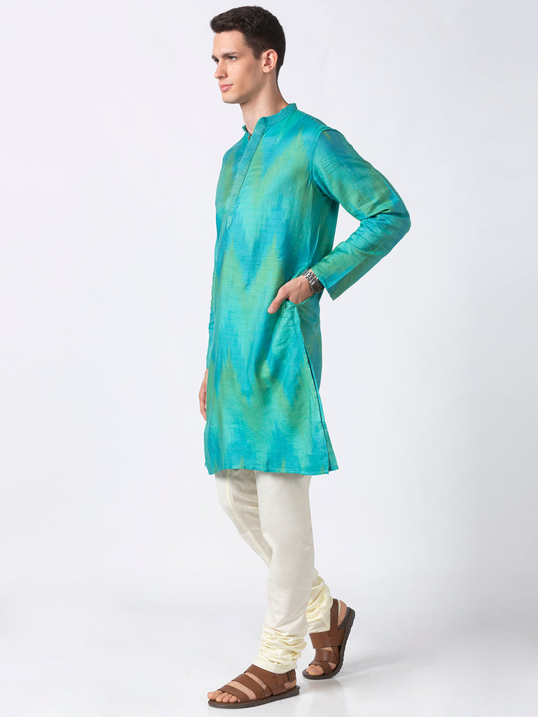 Men Straight Full Sleeve Teal Kurta