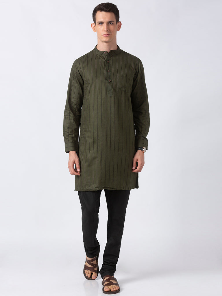 Men Straight Full Sleeve Military Green Kurta
