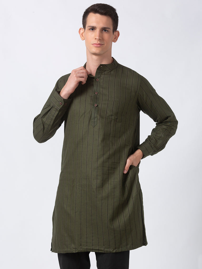 Men Straight Full Sleeve Military Green Kurta