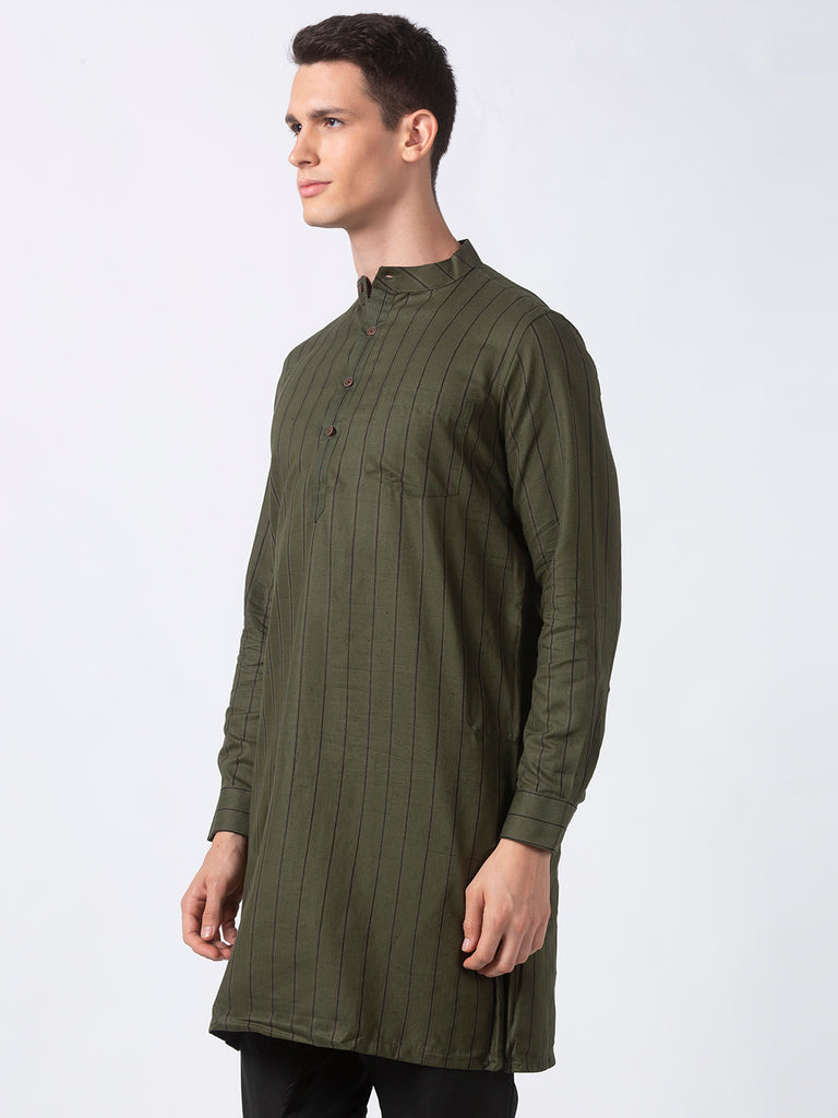Men Straight Full Sleeve Military Green Kurta