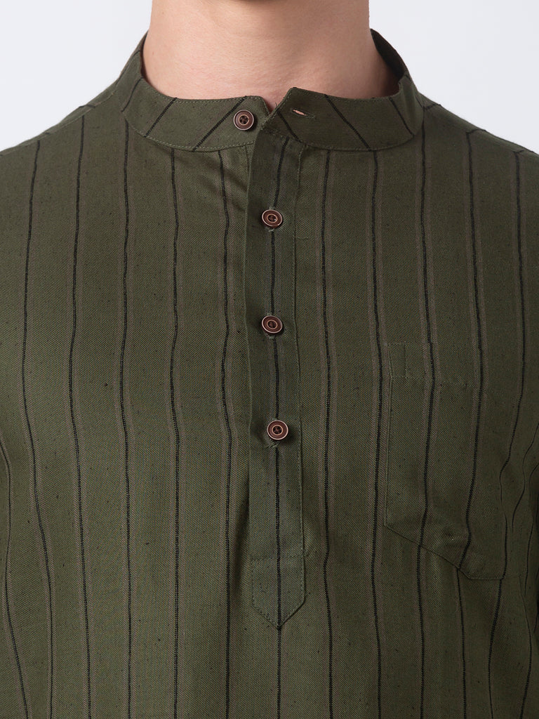 Men Straight Full Sleeve Military Green Kurta