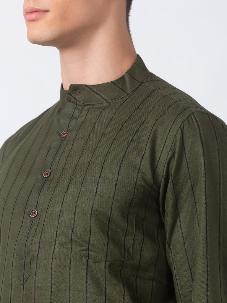 Men Straight Full Sleeve Military Green Kurta