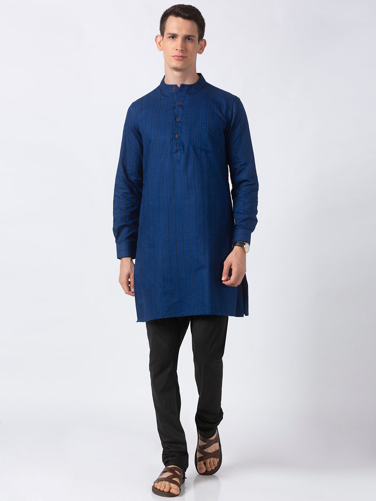 Men Straight Full Sleeve Navy Kurta