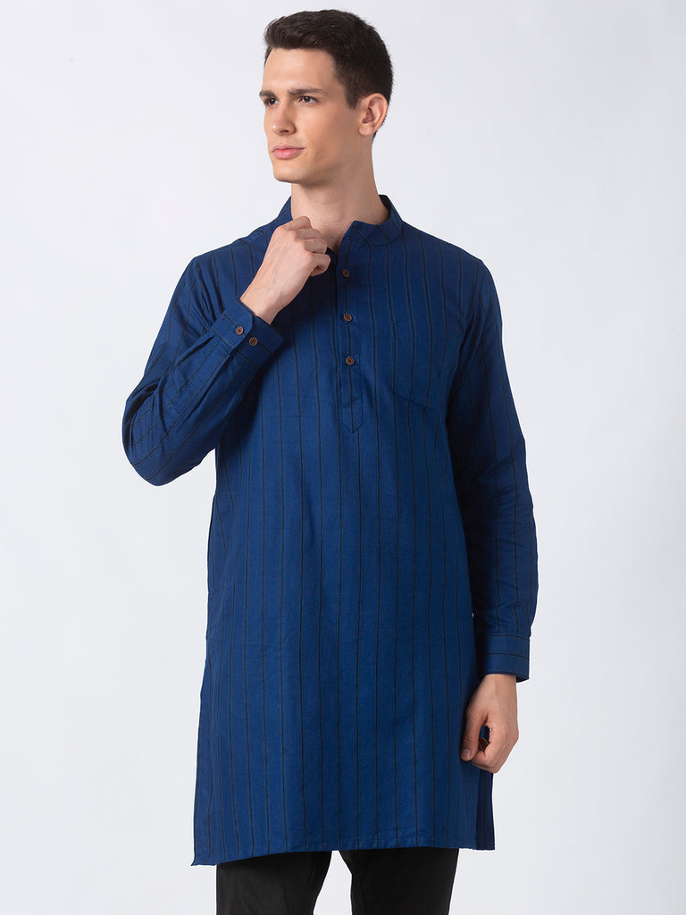 Men Straight Full Sleeve Navy Kurta