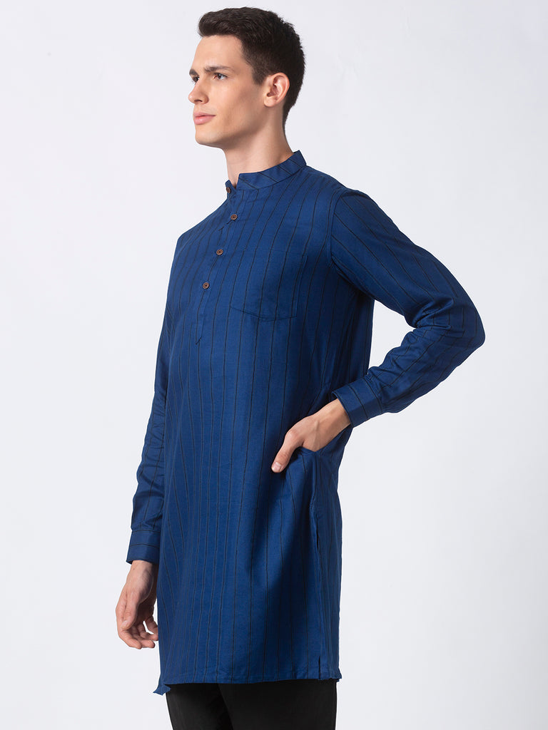 Men Straight Full Sleeve Navy Kurta