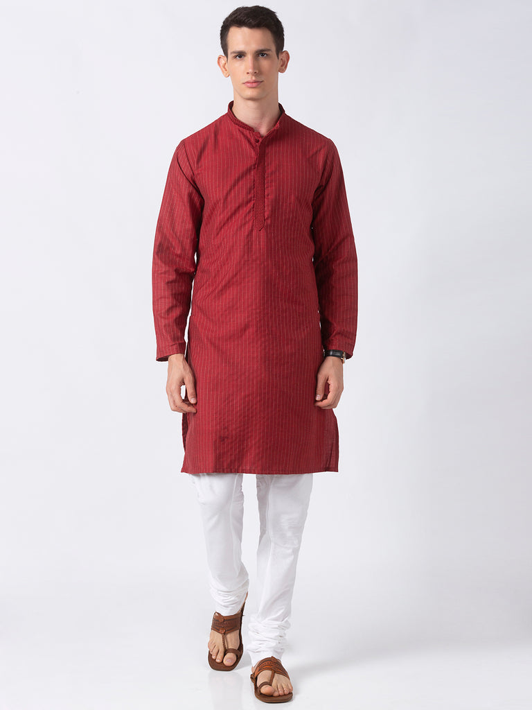 Men Straight Full Sleeve Maroon Kurta
