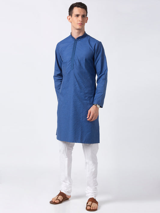 Men Straight Full Sleeve Navy Kurta