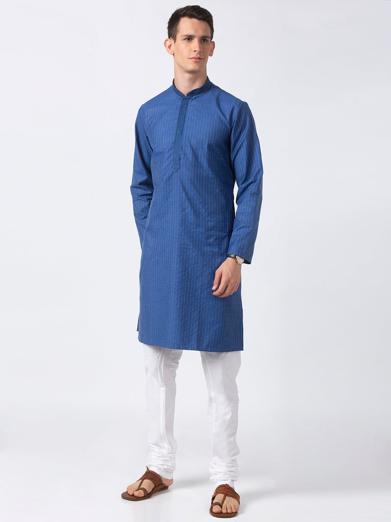 Men Straight Full Sleeve Navy Kurta