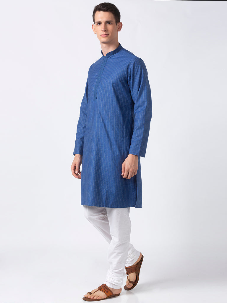 Men Straight Full Sleeve Navy Kurta