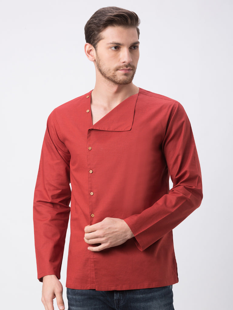 Men Straight Full Sleeve Rust Kurta
