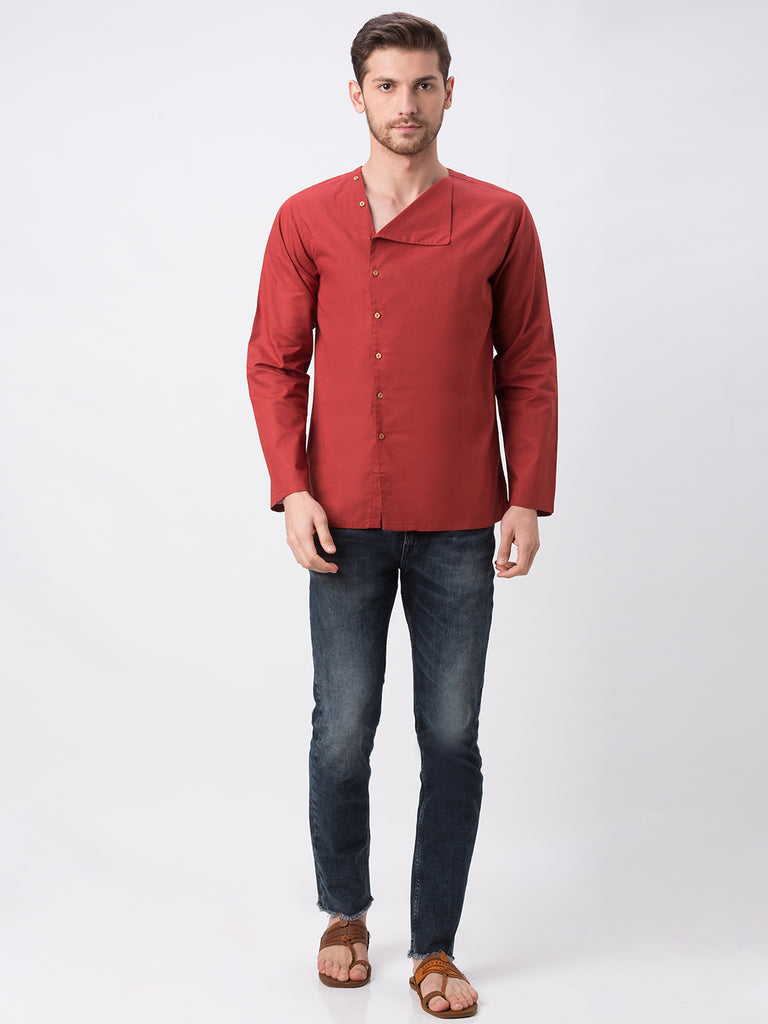 Men Straight Full Sleeve Rust Kurta