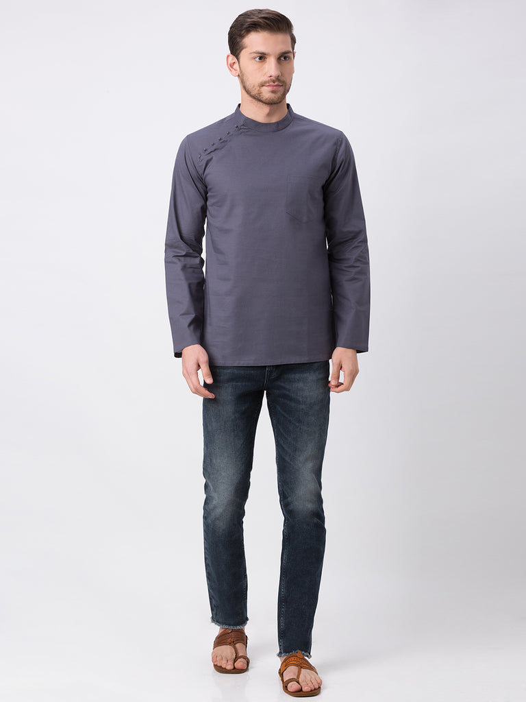 Men Straight Full Sleeve Grey Kurta