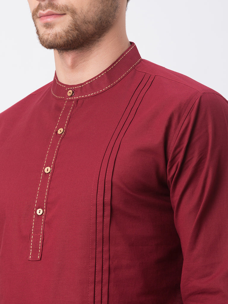Men Straight Full Sleeve Maroon Kurta