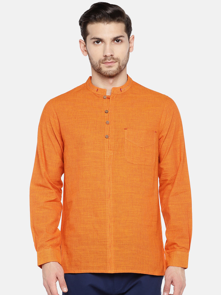 Men Straight Full Sleeve Orange Kurta