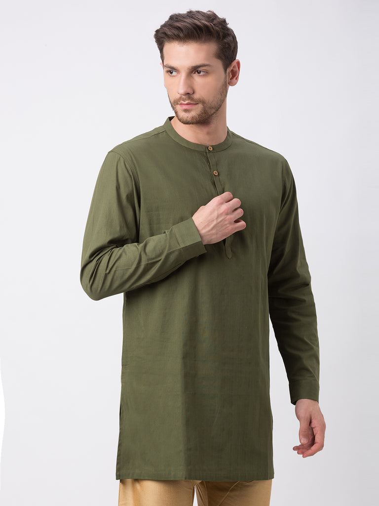Men Straight Full Sleeve Olive Kurta