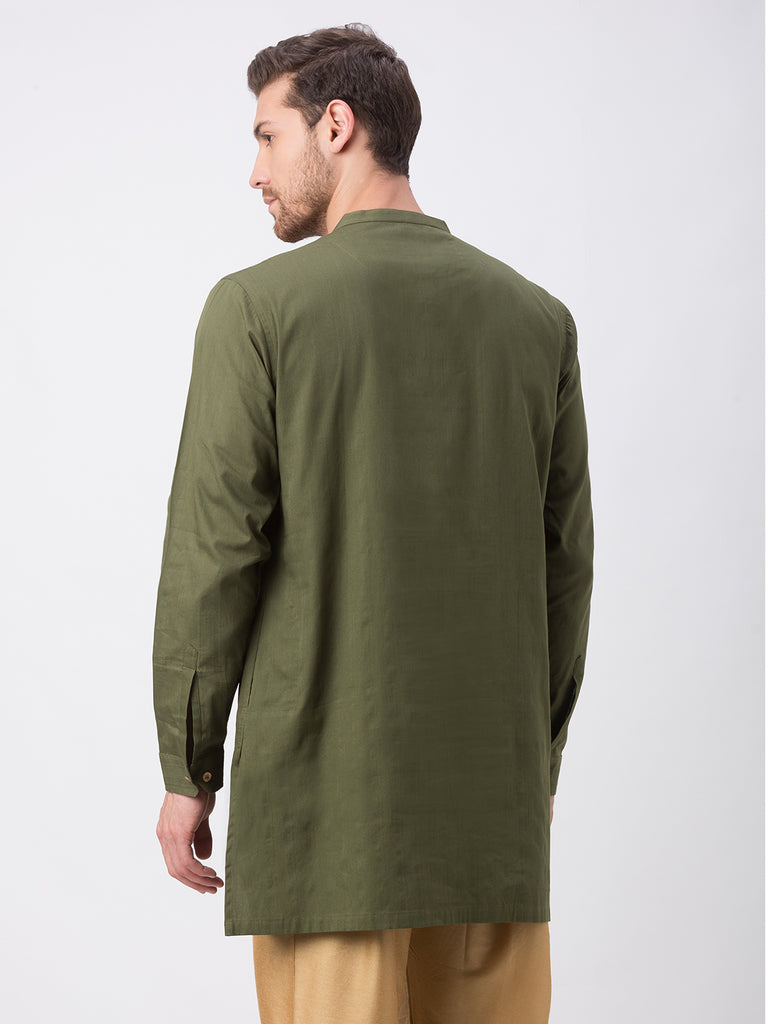 Men Straight Full Sleeve Olive Kurta