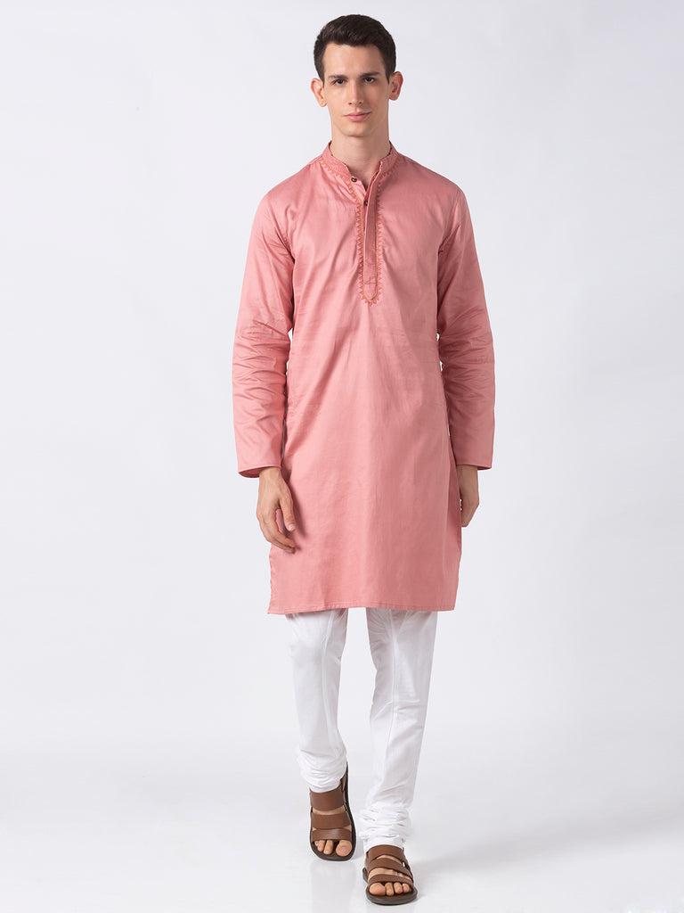 Men Straight Full Sleeve Dusty Pink Kurta