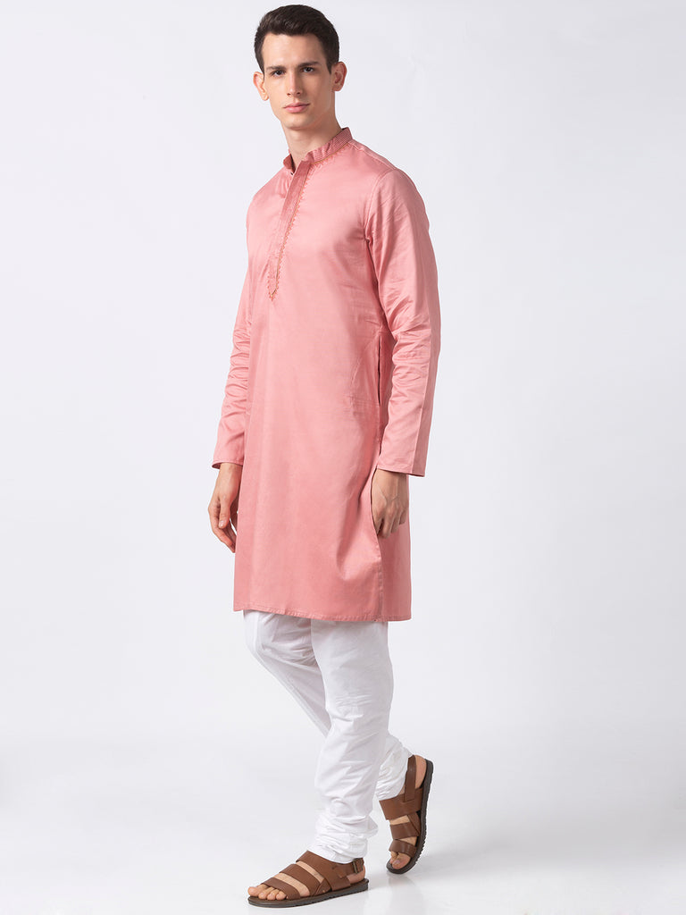 Men Straight Full Sleeve Dusty Pink Kurta