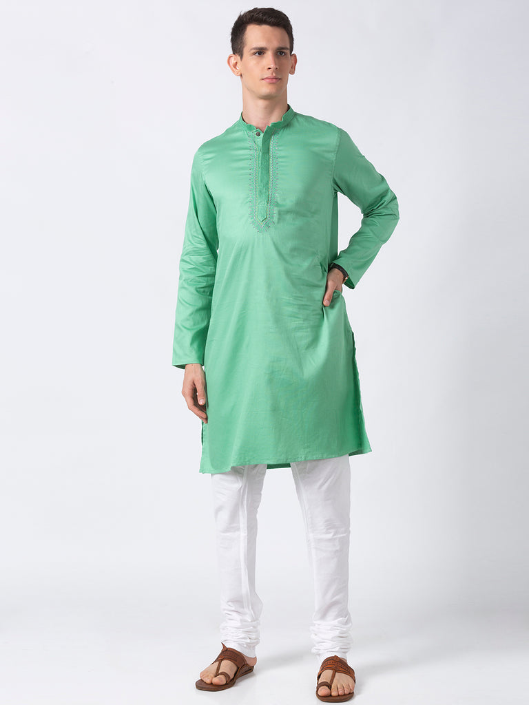 Men Straight Full Sleeve Pastal Green Kurta
