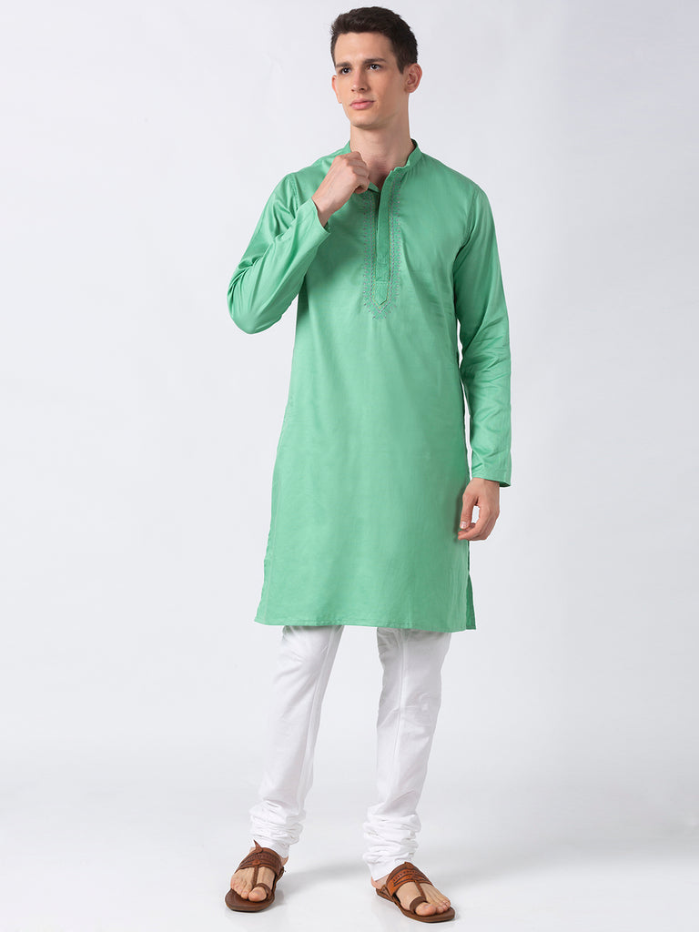 Men Straight Full Sleeve Pastal Green Kurta