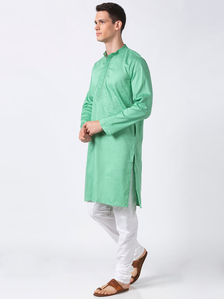 Men Straight Full Sleeve Pastal Green Kurta